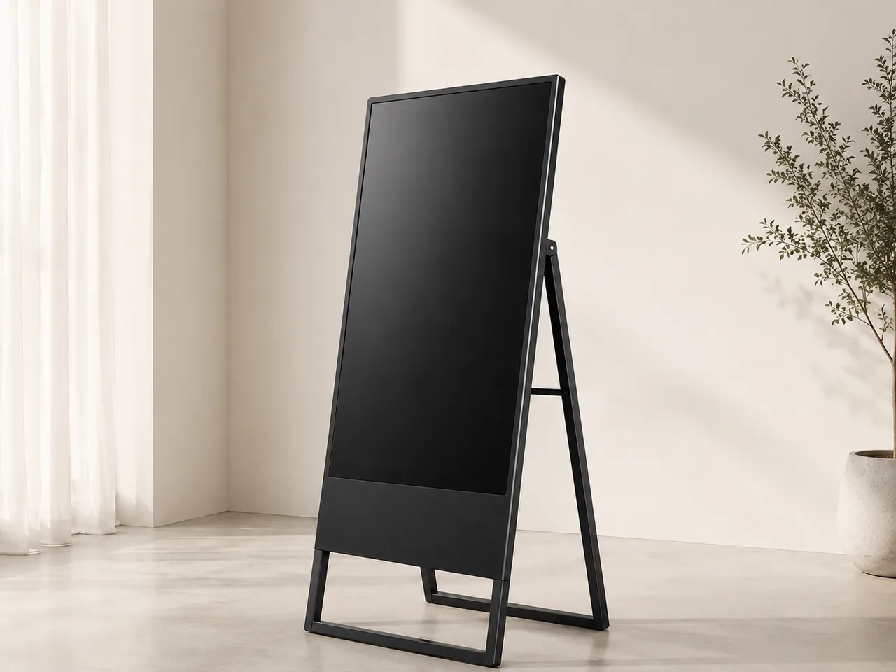 TZ Display 43–65 inch freestanding digital signage, angled view in a minimalist interior